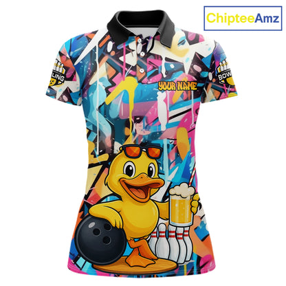 Funny Duck Colorful Graffiti Bowling Shirts For Women, Best Bowling Team Jersey Polo & 1/4 Zip TDM6514