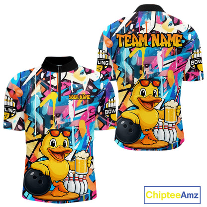 Funny Duck Colorful Graffiti Bowling Shirts For Men, Best Bowling Team Jersey Polo & 1/4 Zip TDM6514