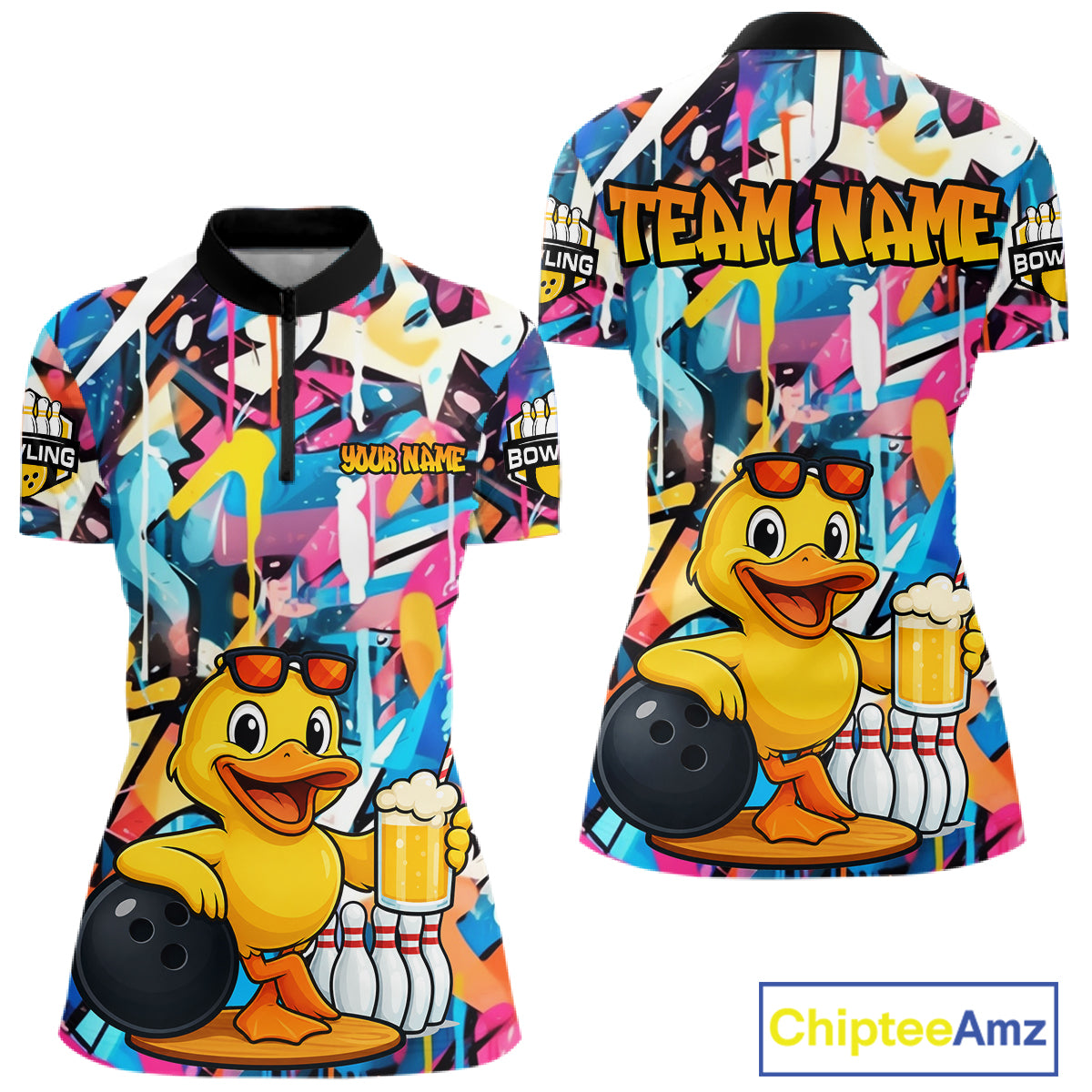 Funny Duck Colorful Graffiti Bowling Shirts For Women, Best Bowling Team Jersey Polo & 1/4 Zip TDM6514