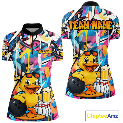 Funny Duck Colorful Graffiti Bowling Shirts For Women, Best Bowling Team Jersey Polo & 1/4 Zip TDM6514