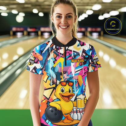 Funny Duck Colorful Graffiti Bowling Shirts For Women, Best Bowling Team Jersey Polo & 1/4 Zip TDM6514