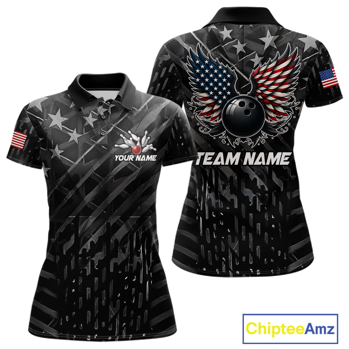 Black American flag wings bowling polo shirt for women with patriotic team graphics.