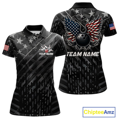 Black American flag wings bowling polo shirt for women with patriotic team graphics.