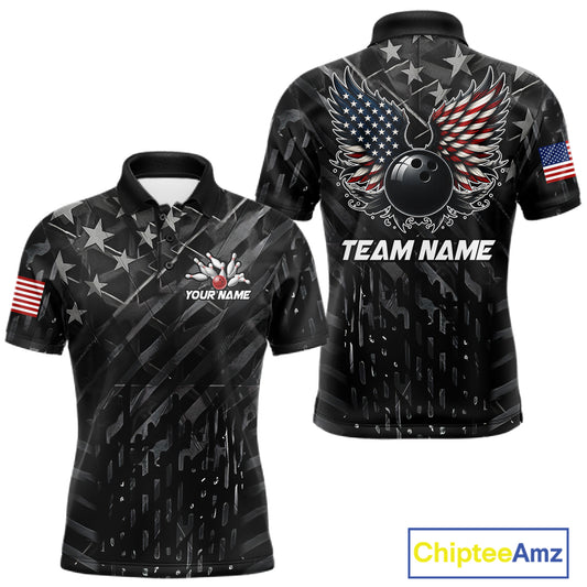 Black American flag wings bowling polo shirt for men with patriotic team graphics.