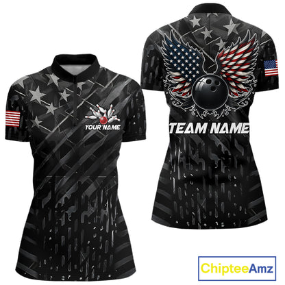 Black American flag wings bowling quarter zip shirt for women built for league play and tournaments.