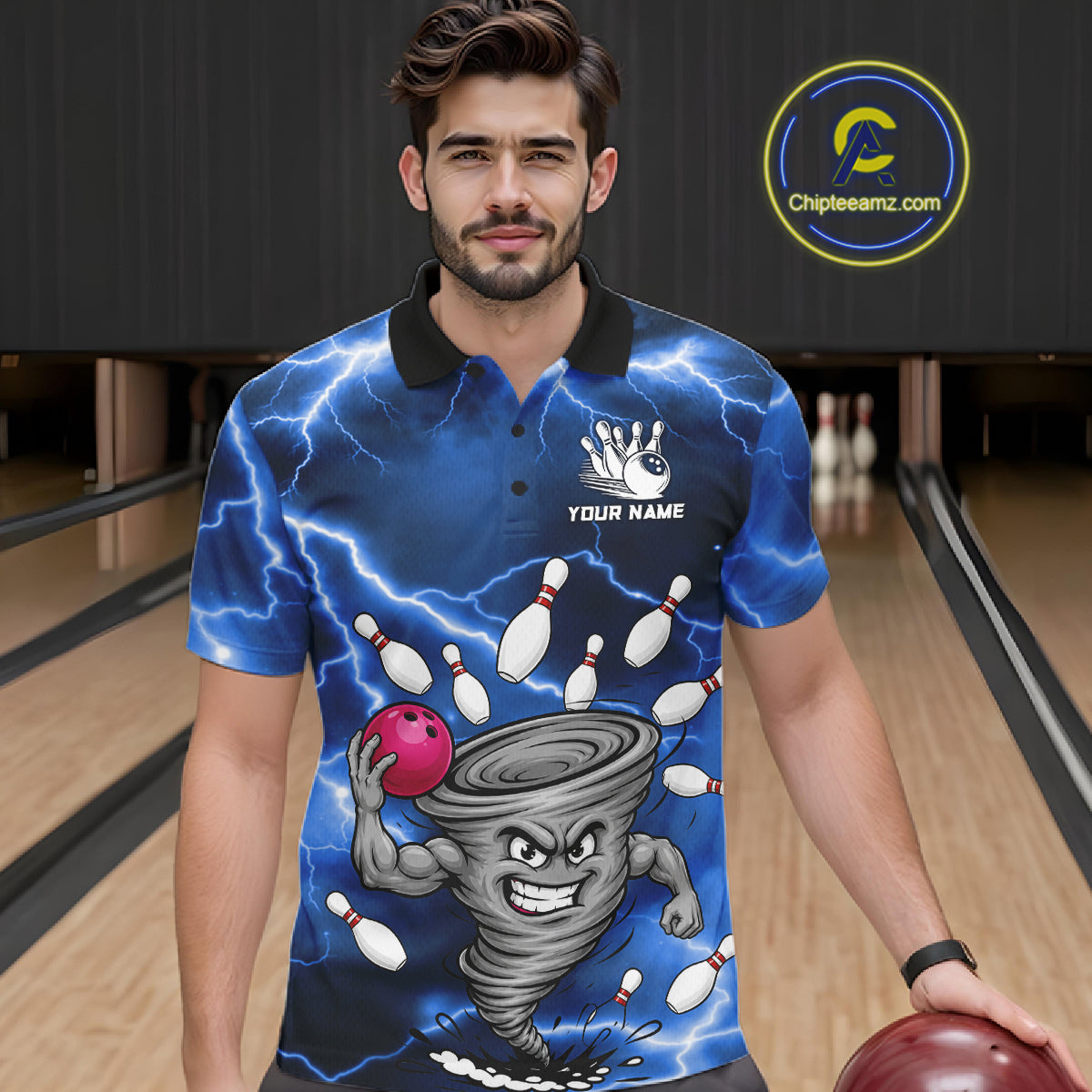 Man wearing a blue thunder lightning tornado bowling polo shirt at a bowling alley front view.