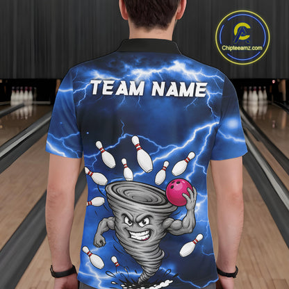 Back view of man wearing a blue thunder lightning tornado bowling polo shirt inside a bowling alley.