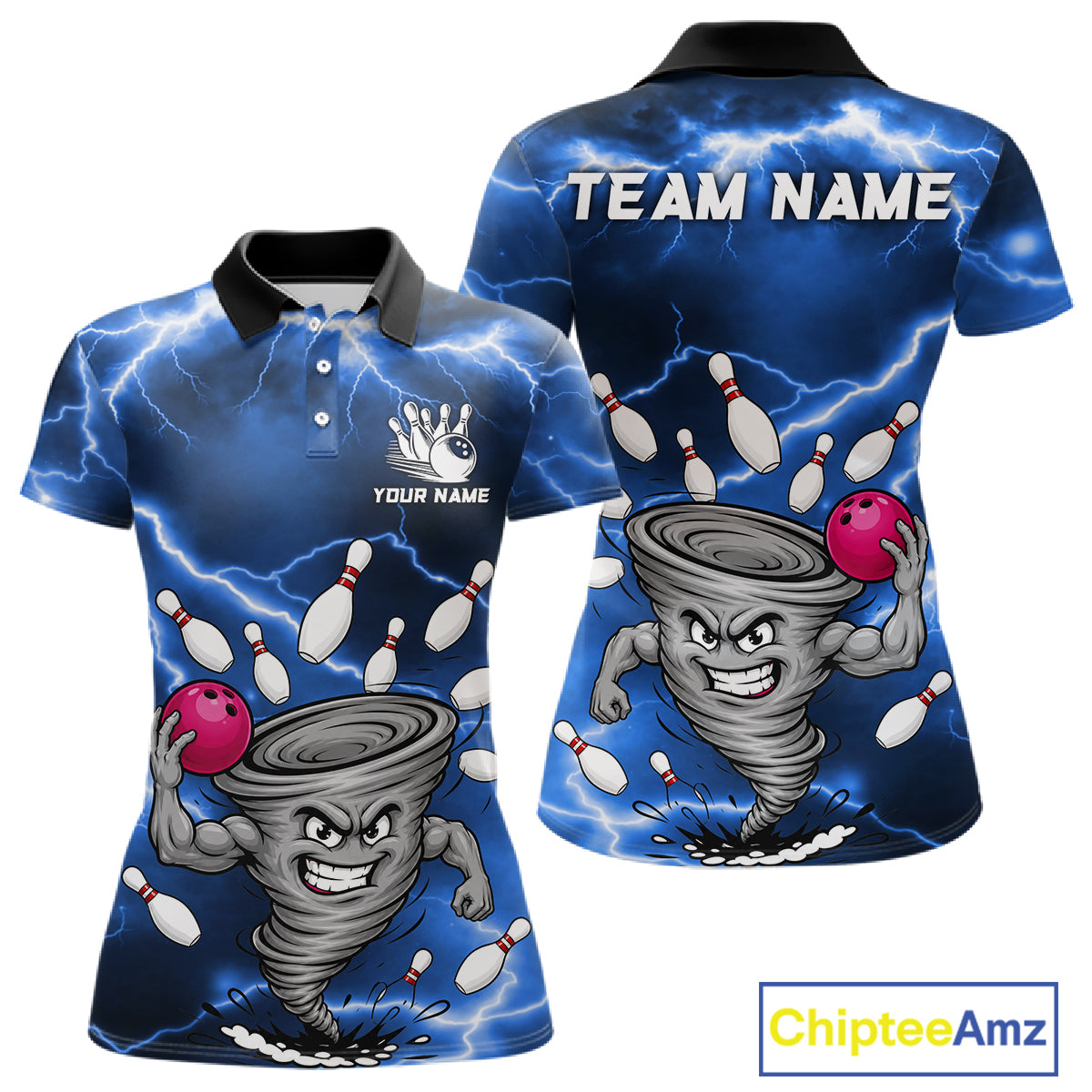Blue thunder lightning tornado bowling polo shirt for women with custom bowling team graphics.