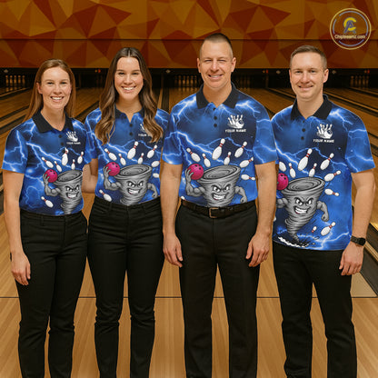 Bowling team wearing matching blue thunder lightning tornado bowling jerseys during tournament matches front view.