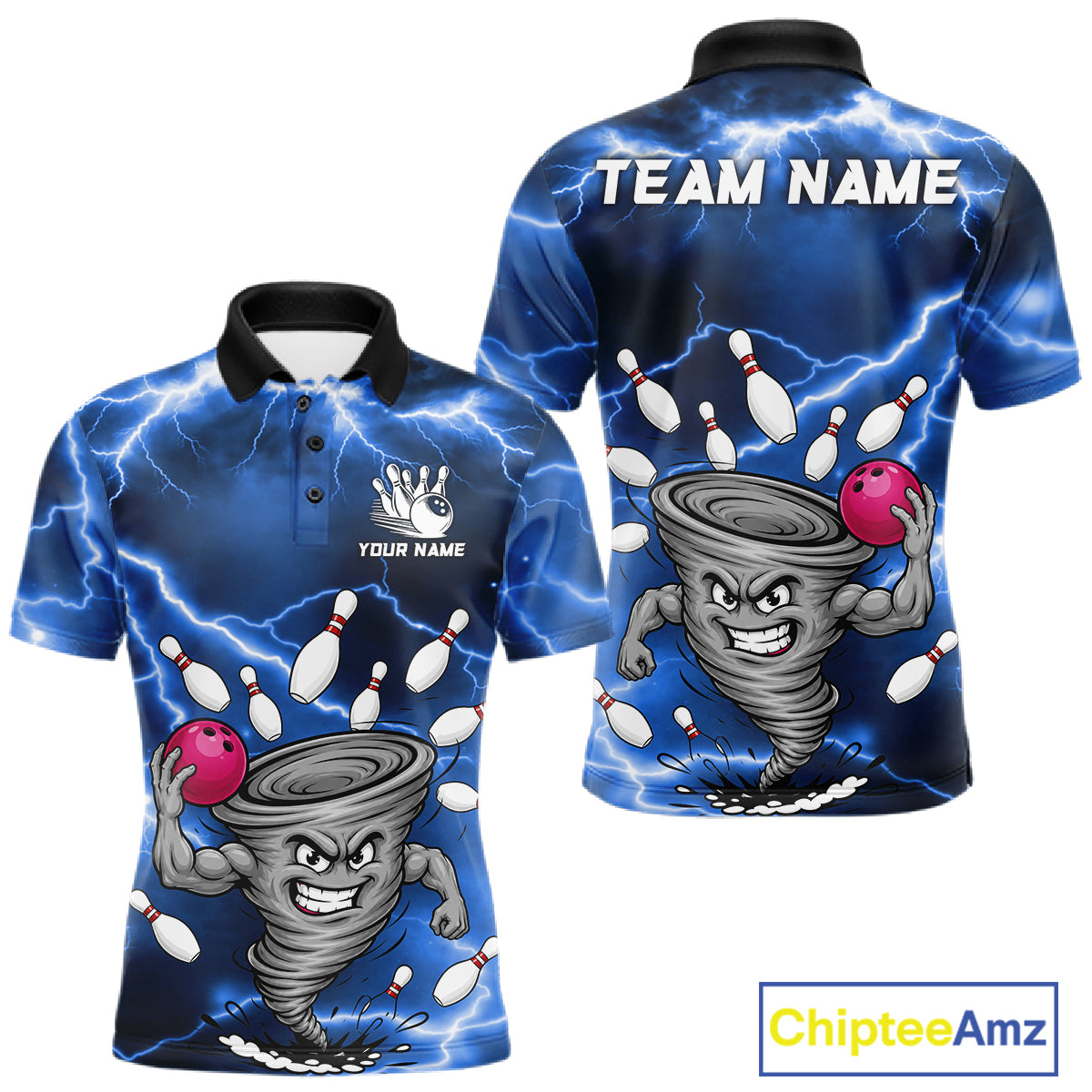 Blue thunder lightning tornado bowling polo shirt for men with custom bowling team graphics.