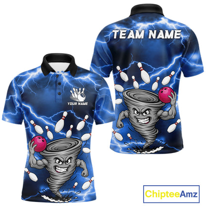 Blue thunder lightning tornado bowling polo shirt for men with custom bowling team graphics.
