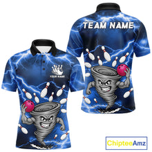 Load image into Gallery viewer, Blue thunder lightning tornado bowling polo shirt for men with custom bowling team graphics.