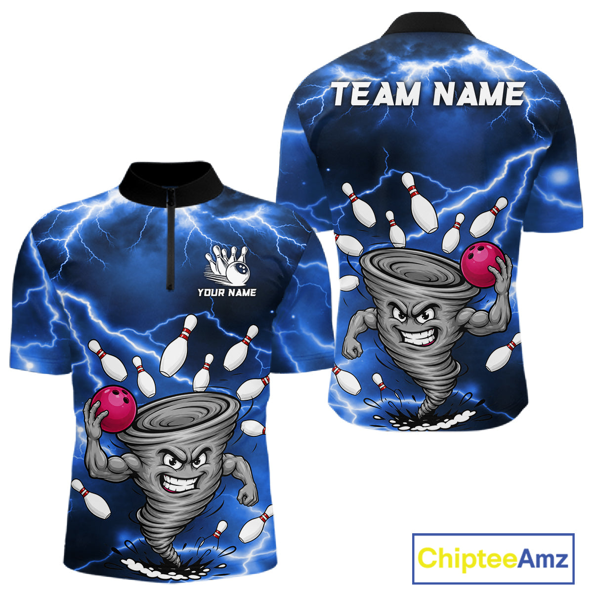 Blue thunder lightning tornado bowling quarter zip shirt for men designed for league tournaments and team events.