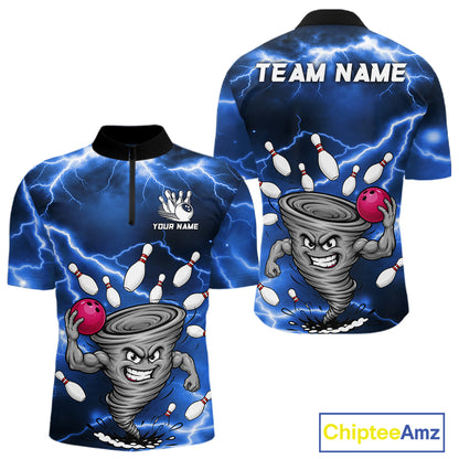 Blue thunder lightning tornado bowling quarter zip shirt for men designed for league tournaments and team events.