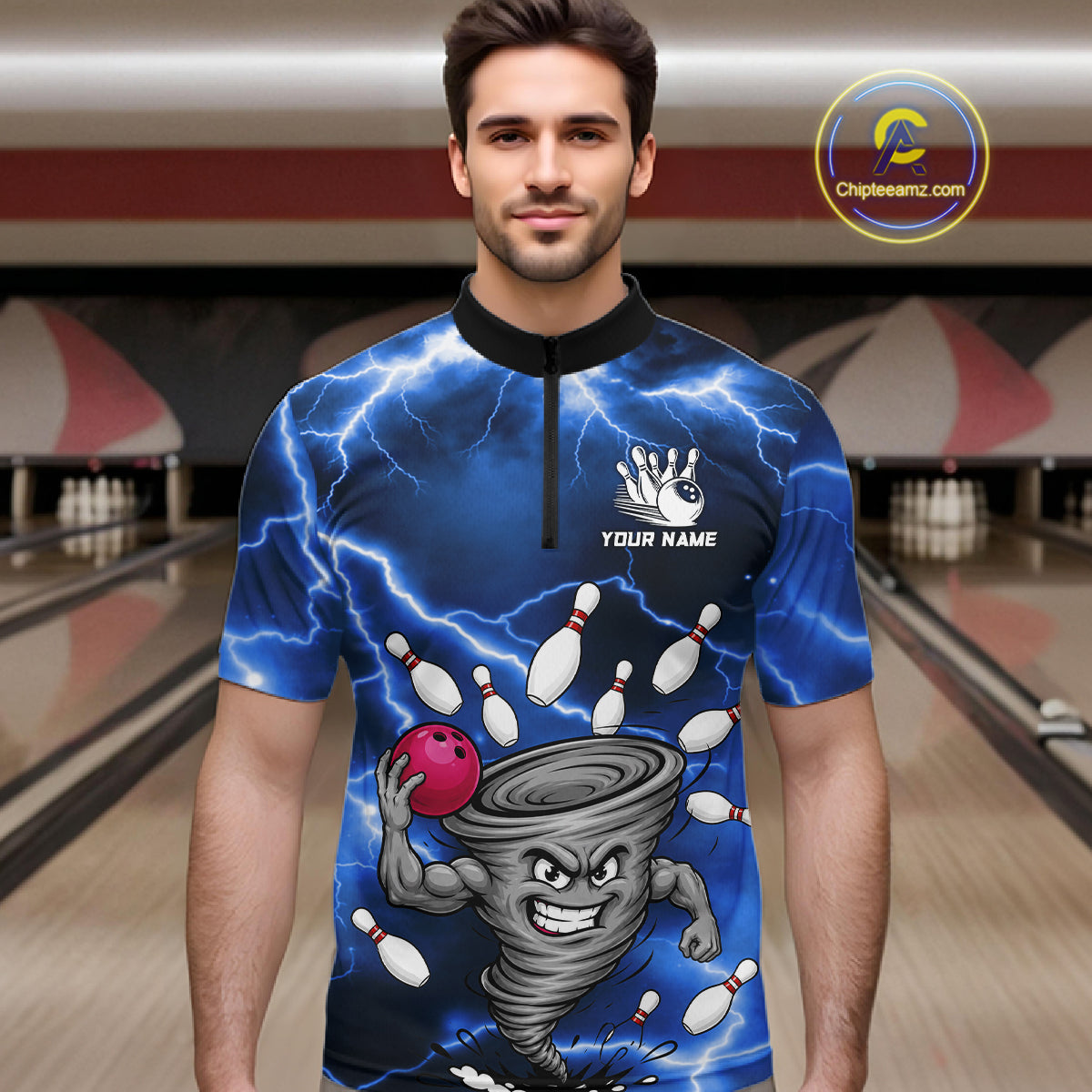 Man wearing a blue thunder lightning tornado bowling quarter zip jersey during league competition front view.
