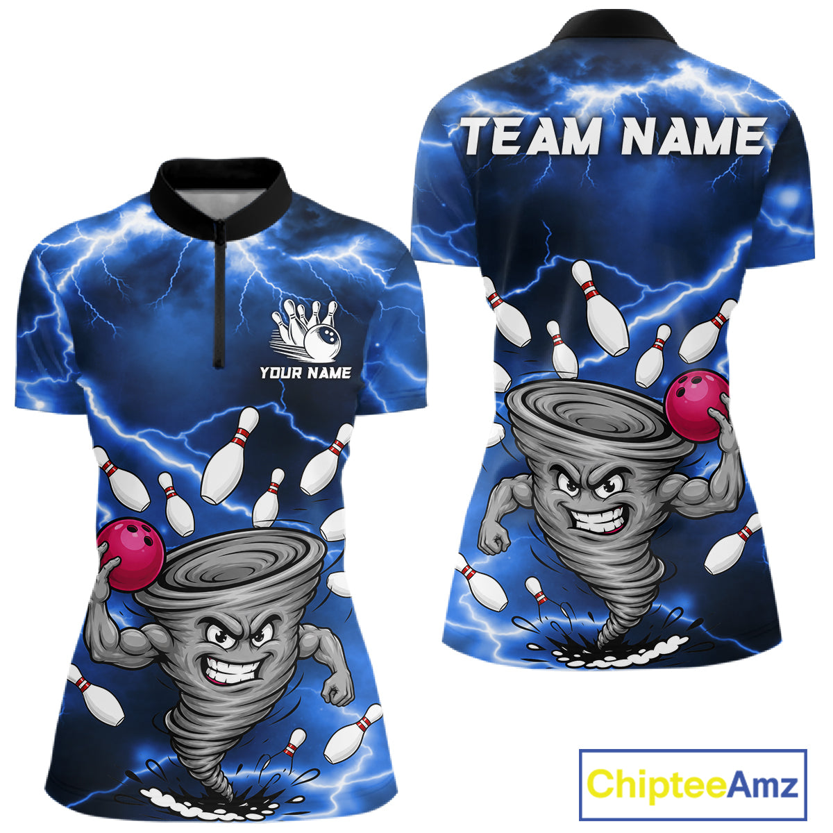 Blue thunder lightning tornado bowling quarter zip shirt for women designed for league tournaments and team events.