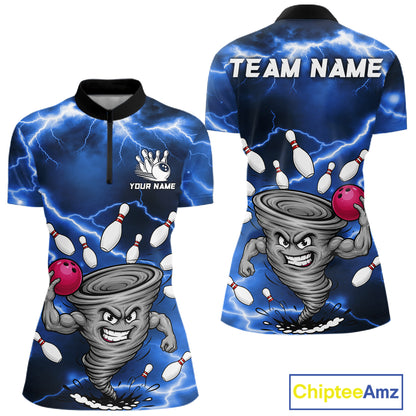 Blue thunder lightning tornado bowling quarter zip shirt for women designed for league tournaments and team events.