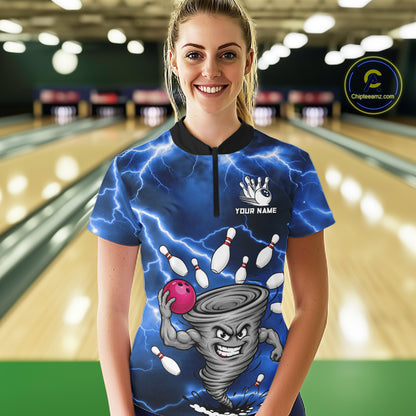 Woman wearing a blue thunder lightning tornado bowling quarter zip jersey during league competition front view.