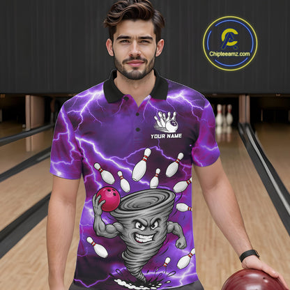 Man wearing a purple thunder lightning tornado bowling polo shirt at a bowling alley front view.