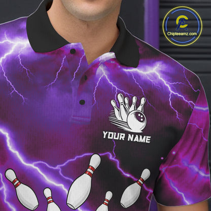 Close-up of a purple thunder lightning tornado bowling polo shirt collar, buttons, and storm artwork.