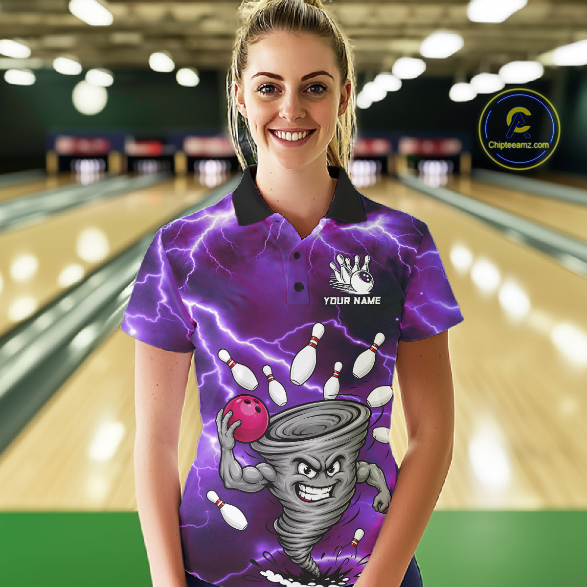 Woman wearing a purple thunder lightning tornado bowling polo shirt at a bowling alley front view.
