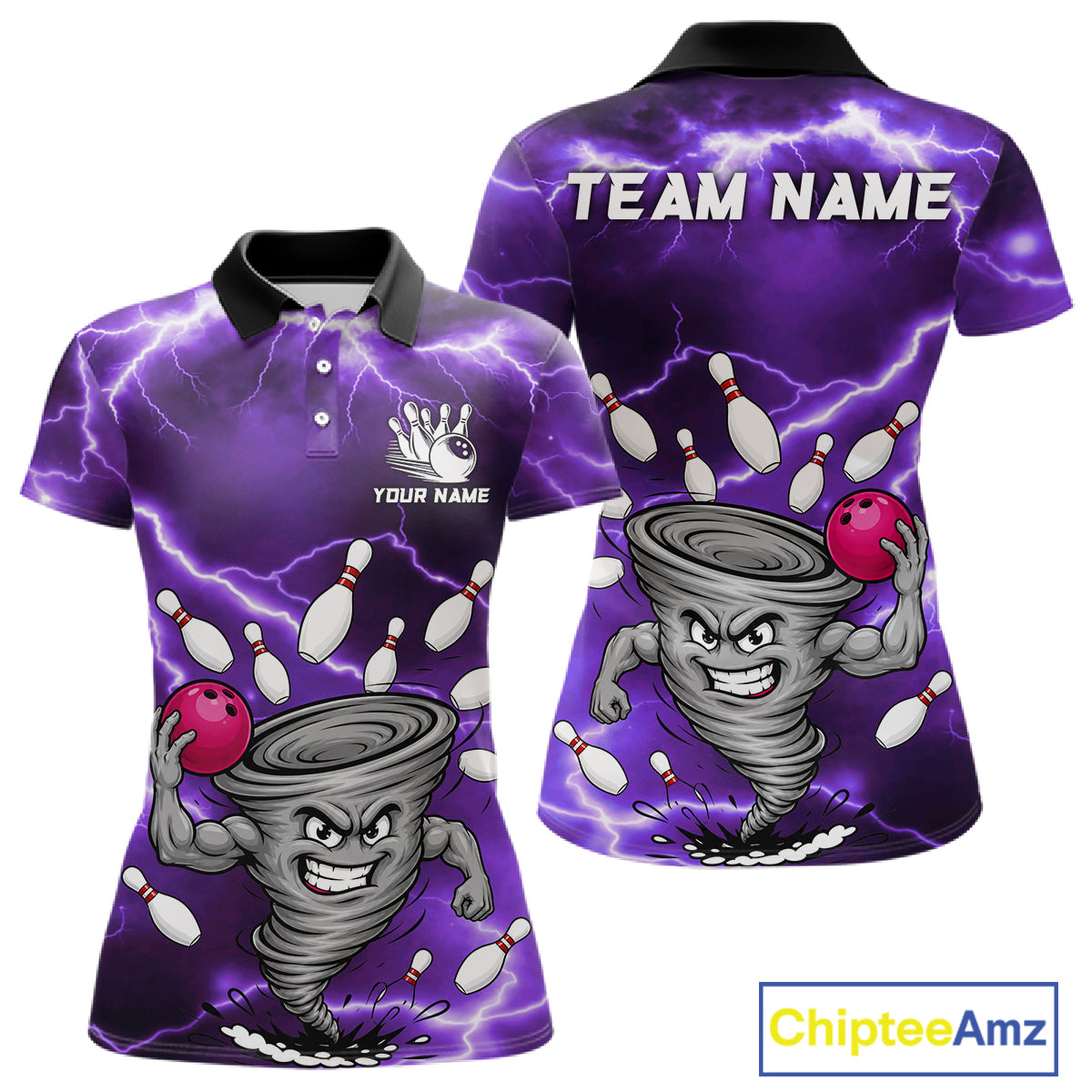 Purple thunder lightning tornado bowling polo shirt for women with custom bowling team graphics.