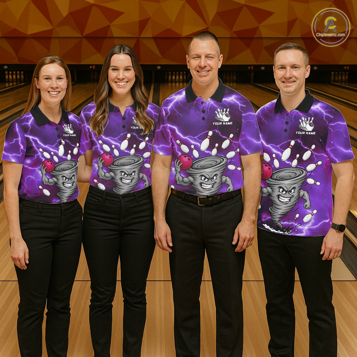Bowling team wearing matching purple thunder lightning tornado bowling jerseys during tournament matches front view.
