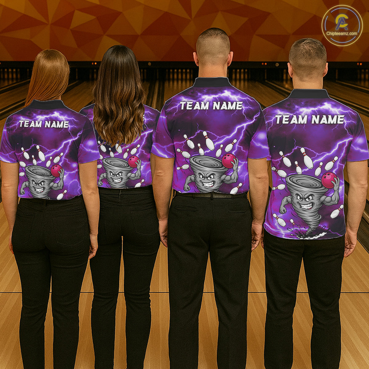 Back view of bowling team wearing matching purple tornado bowling shirts in a bowling alley.