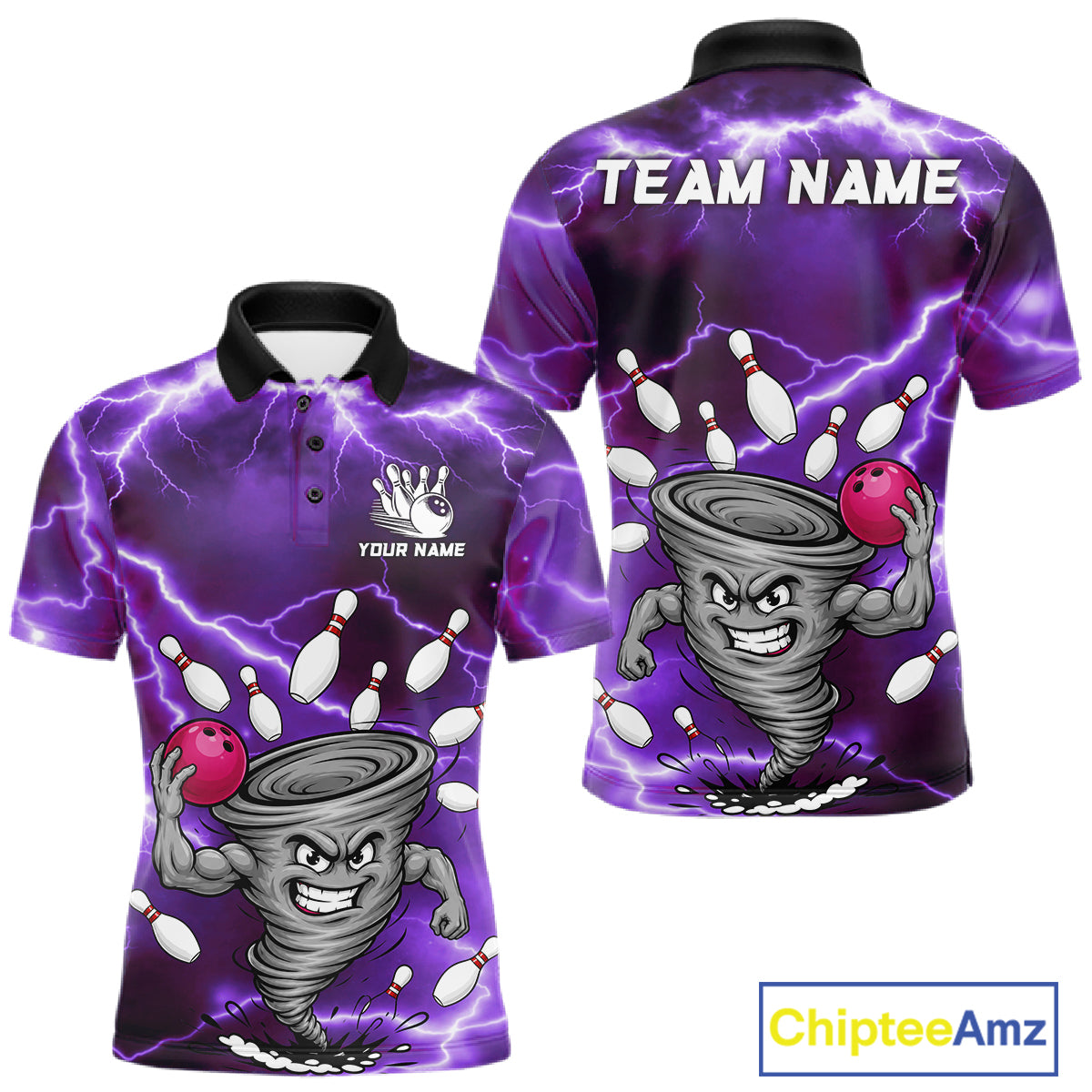 Purple thunder lightning tornado bowling polo shirt for men with custom bowling team graphics.