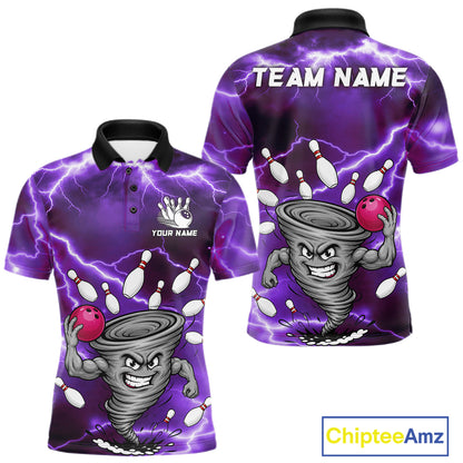 Purple thunder lightning tornado bowling polo shirt for men with custom bowling team graphics.