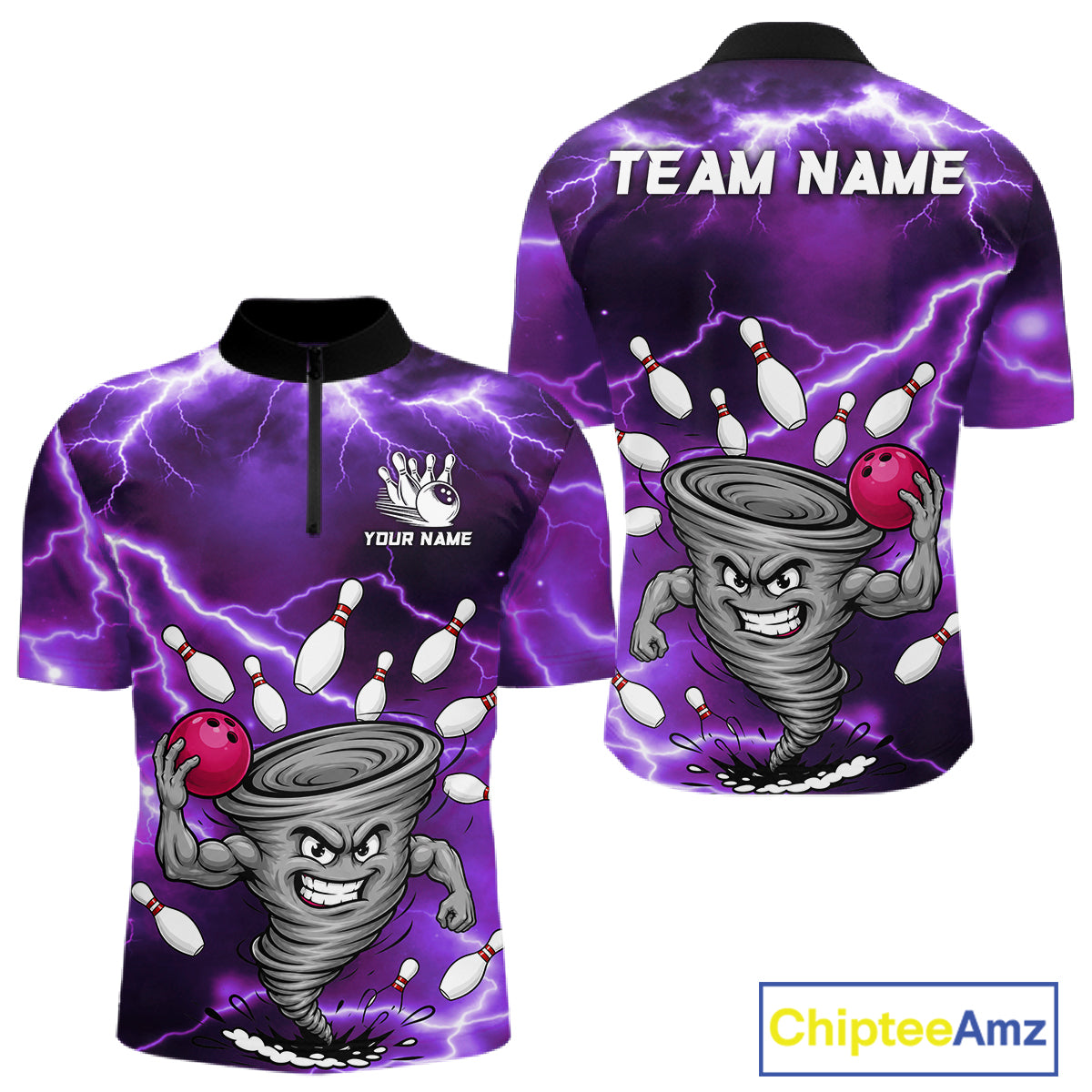 Purple thunder lightning tornado bowling quarter zip shirt for men designed for league tournaments and team events.