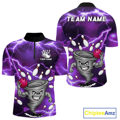 Purple thunder lightning tornado bowling quarter zip shirt for men designed for league tournaments and team events.