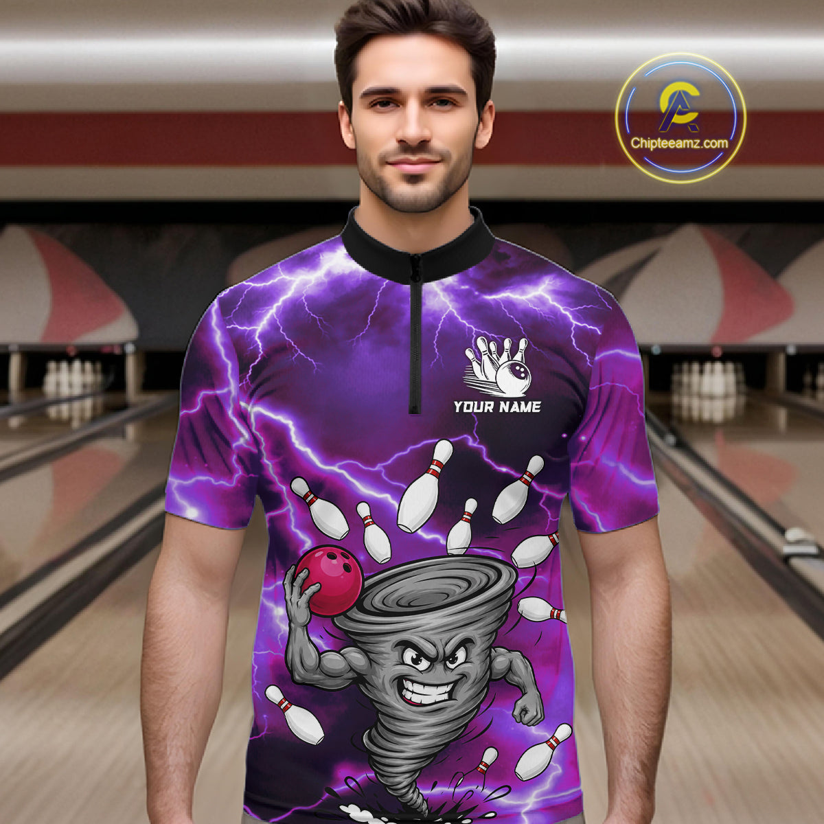 Man wearing a purple thunder lightning tornado bowling quarter zip jersey during league competition front view.