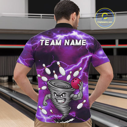 Back view of man wearing a purple thunder lightning tornado bowling quarter zip shirt in a bowling alley.
