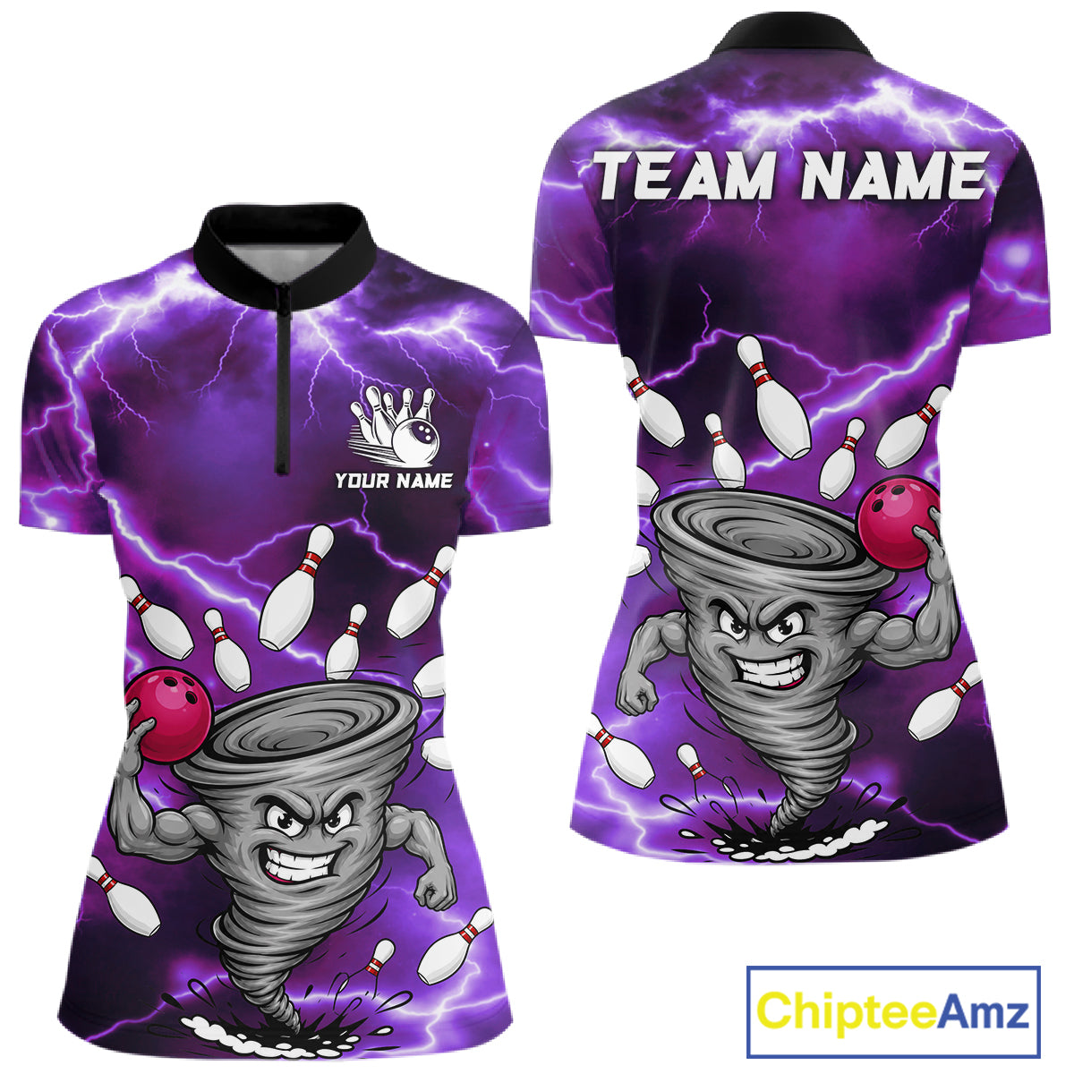 Purple thunder lightning tornado bowling quarter zip shirt for women designed for league tournaments and team events.