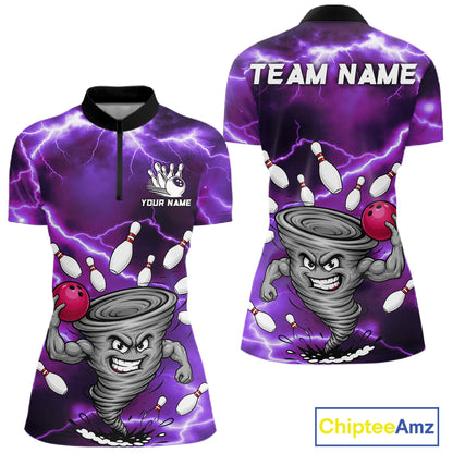 Purple thunder lightning tornado bowling quarter zip shirt for women designed for league tournaments and team events.