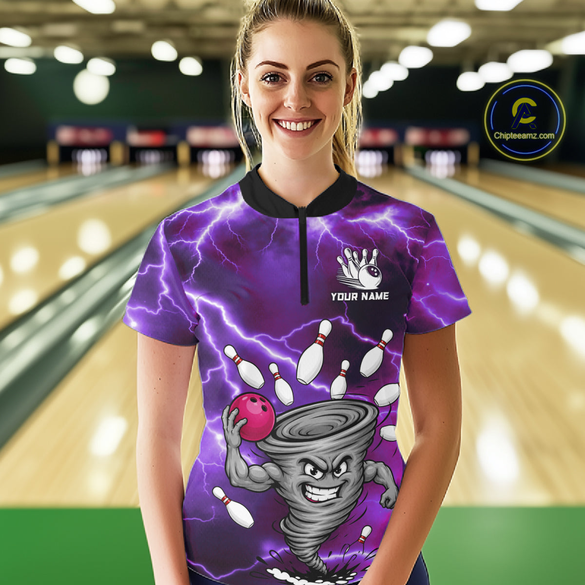 Woman wearing a purple thunder lightning tornado bowling quarter zip jersey during league competition front view.