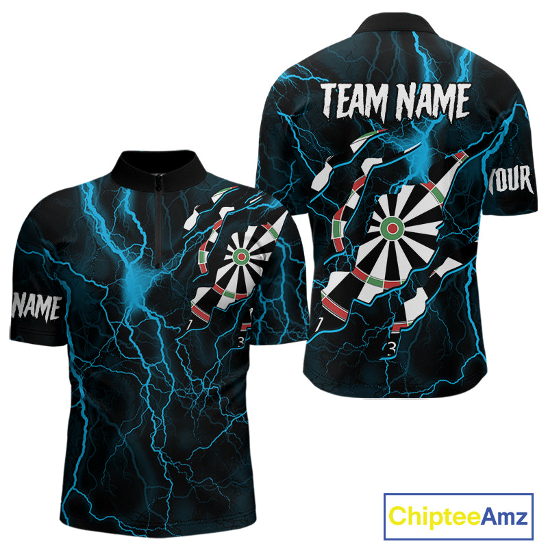 Personalized Blue Thunder Lightning Dart Shirt For Men Custom Darts League Jersey Polo & 1/4 Zip TDM4352