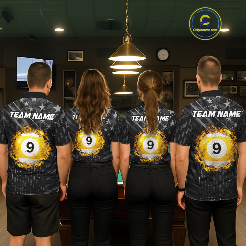 Black US Flag 9 Ball Fire Billiard Shirt For Women Custom Pool Team Billiard Jersey Polo & 1/4 Zip TDM5461