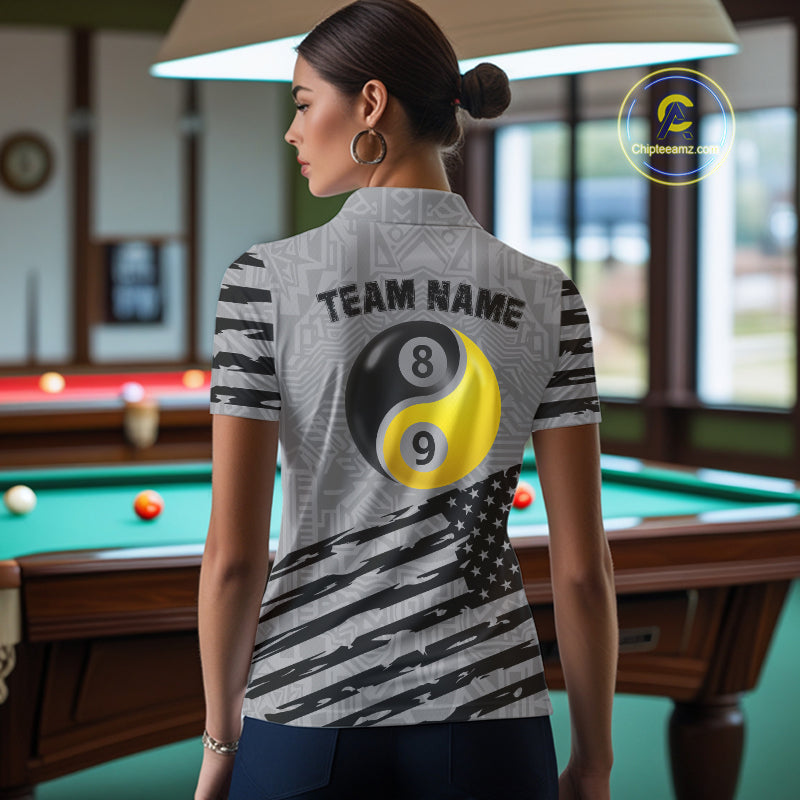 Grey US Flag Yin-Yang 8 & 9 Ball Billiard Shirt For Women Custom Pool Team Jersey Polo & 1/4 Zip TDM5463