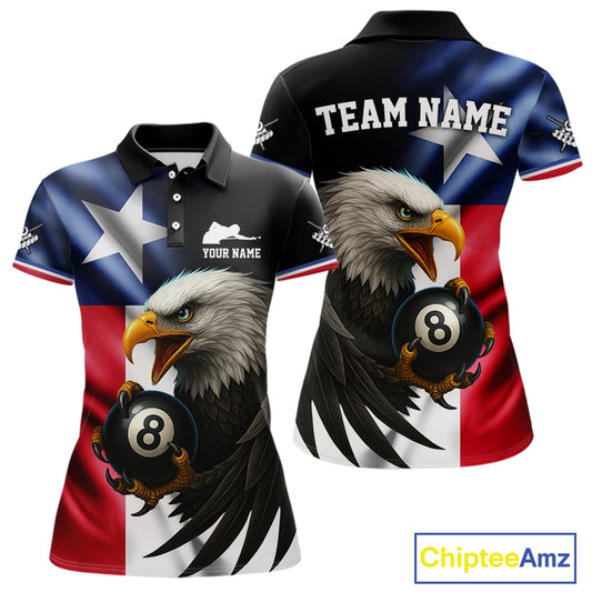Texas Flag Eagle 8 Ball Women's Billiard Polo & 1/4 Zip Custom Patriotic Team Billiard Pool Jersey TDM5464