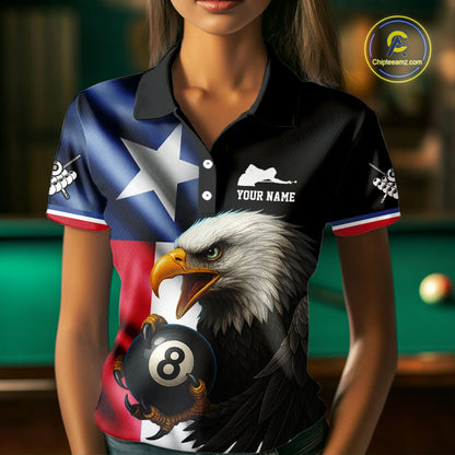 Texas Flag Eagle 8 Ball Women's Billiard Polo & 1/4 Zip Custom Patriotic Team Billiard Pool Jersey TDM5464