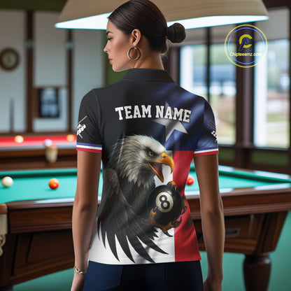 Texas Flag Eagle 8 Ball Women's Billiard Polo & 1/4 Zip Custom Patriotic Team Billiard Pool Jersey TDM5464