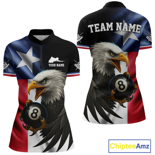 Texas Flag Eagle 8 Ball Women's Billiard Polo & 1/4 Zip Custom Patriotic Team Billiard Pool Jersey TDM5464