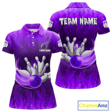 Load image into Gallery viewer, Personalized Flame Purple Bowling Shirt For Women Custom Fire Bowling Team Jersey Polo &amp; 1/4 Zip TDM6091
