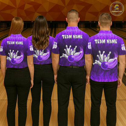 Personalized Flame Purple Bowling Shirt For Women Custom Fire Bowling Team Jersey Polo & 1/4 Zip TDM6091
