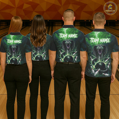 Custom Green Lightning Cobra Snake Bowling Shirt For Women, Bowling Team Jersey Polo & 1/4 Zip TDM6352