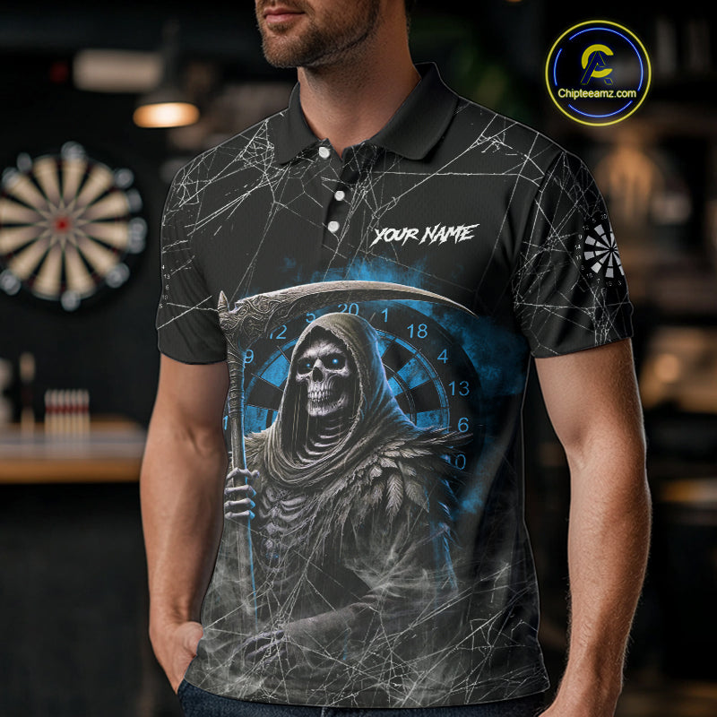 Black And Blue Grim Reaper Smoke Funny Dart Shirts For Men Custom Dart Jerseys, Darts Clothing TDM4005