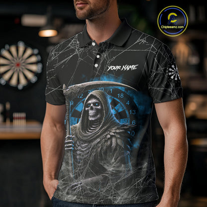 Black And Blue Grim Reaper Smoke Funny Dart Shirts For Men Custom Dart Jerseys, Darts Clothing TDM4005
