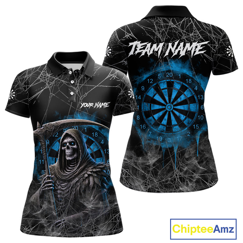 Black And Blue Grim Reaper Smoke Funny Dart Shirts For Women Custom Dart Jerseys, Darts Clothing TDM4005